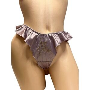 Victoria's Secret Satin Ruffle Thong Panty Large "Love Victoria" Rose  Mauve NWT